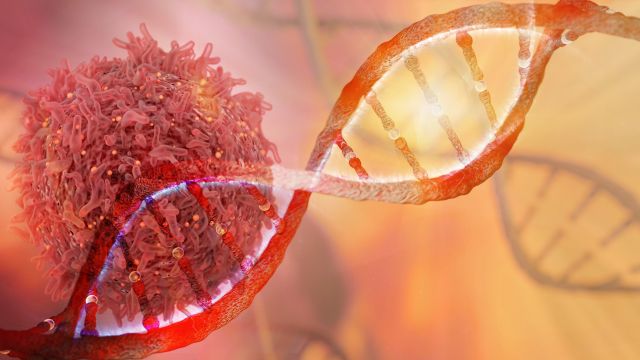 DNA-Strang vor einer Krebszelle; 3D-illustriert