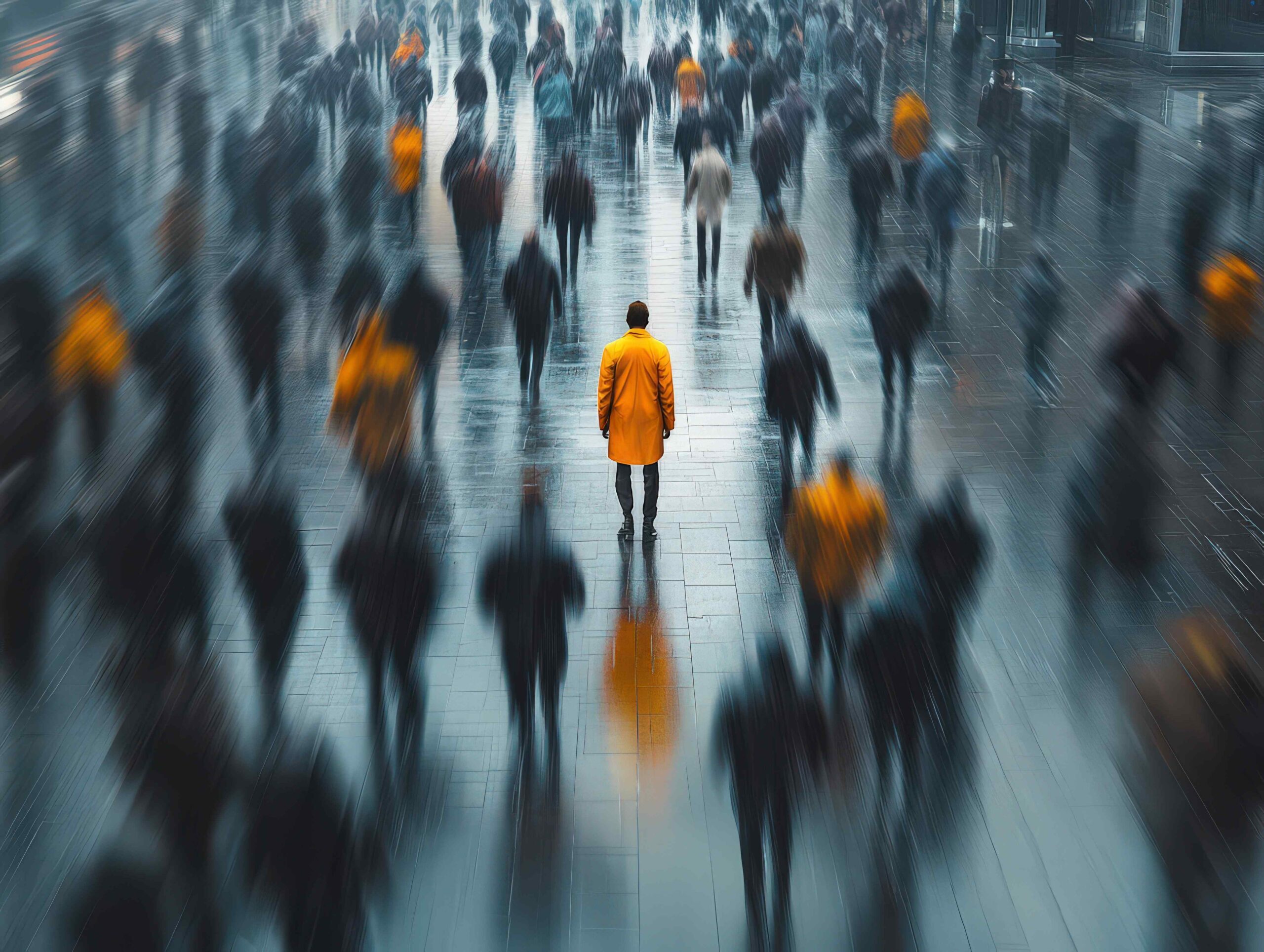 Viele Menschen laufen über einen Platz. Das Bild wirkt verschwommen und melancholisch. In der Mitte steht eine Person mit einer gelben Regenjacke.