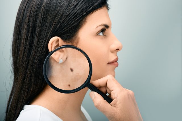 Das Bild zeigt einen Frauenkopf im Profil. Eine Hand hält eine Lupe auf Höhe des oberen Halses, wo sich zwei dunkle Pigmentflecken befinden. Symbolbild für die Hautkrebs-Diagnose.