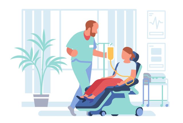 Illustration einer Frau, die in einer Arztpraxis oder Klinik auf einem Stuhl am Tropf sitzt. Neben ihr steht ein Arzt.