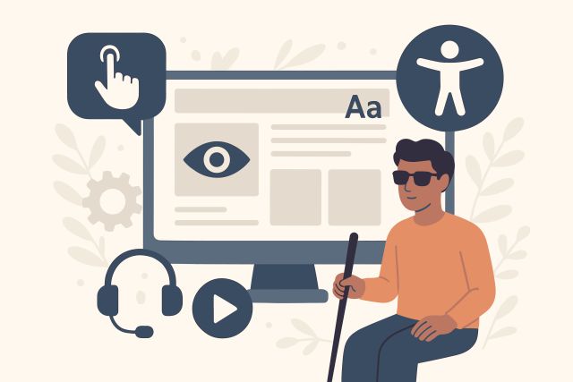 Grafik zeigt blinden Mann vor digitalen Geräten