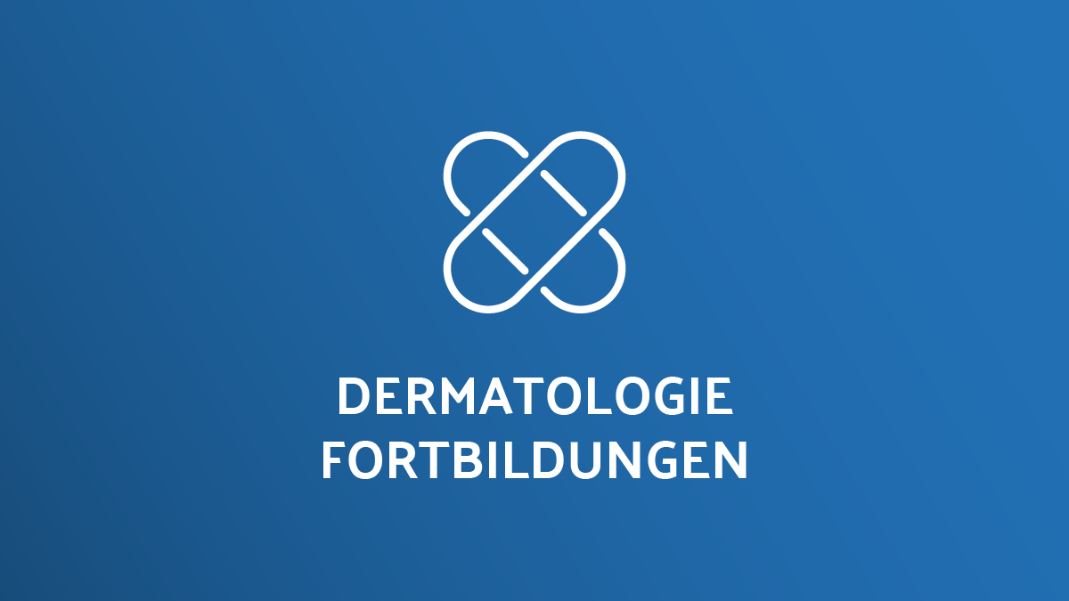 Pflaster-Icon mit dem Text „Dermatologie Fortbildungen“ auf blauem Hintergrund.