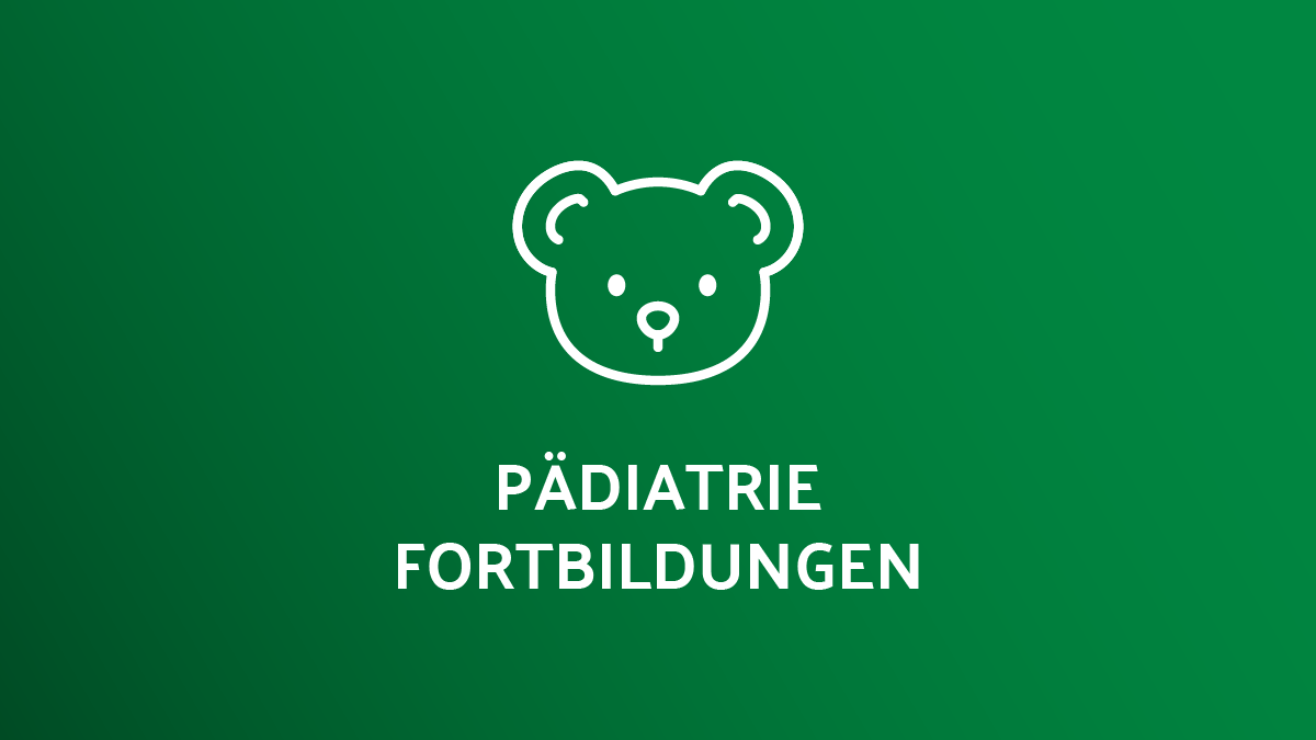 Bärenkopf-Icon mit dem Text „Pädiatrie Fortbildungen“ auf grünem Hintergrund.