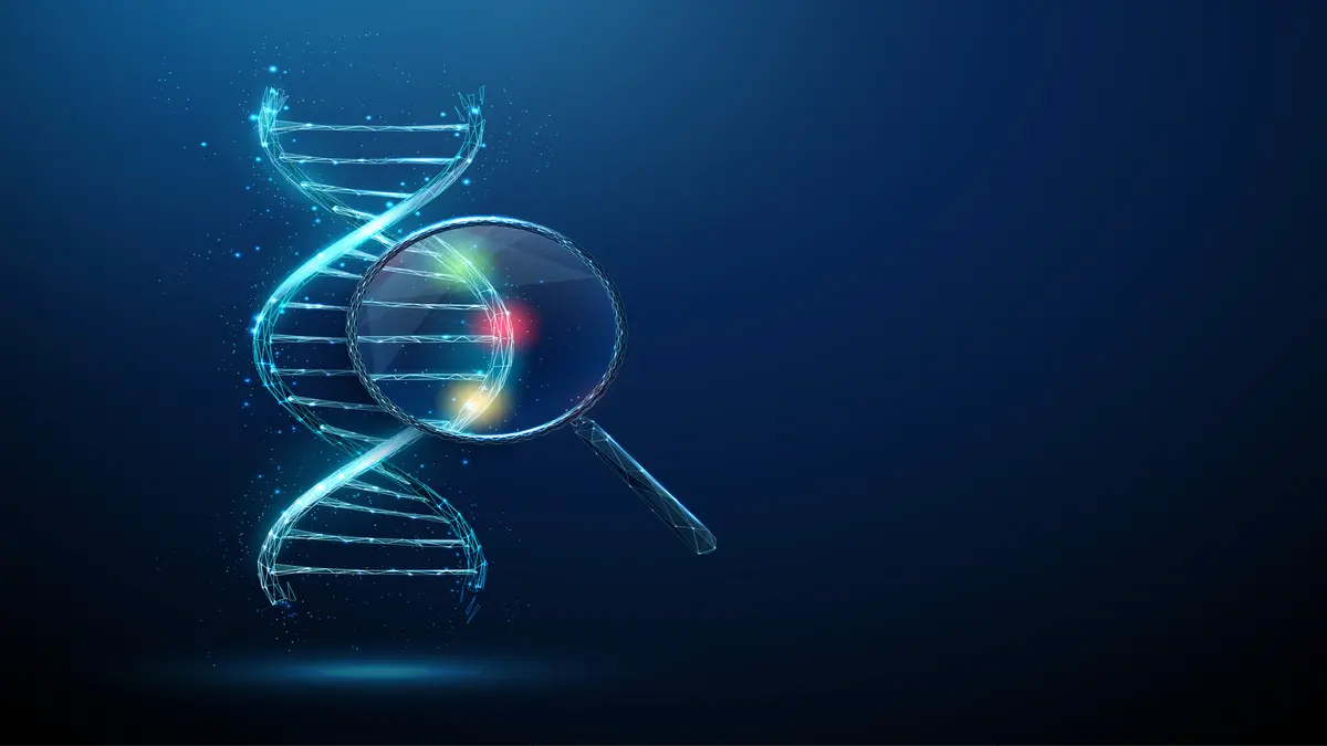 Lupe untersucht DNA-Doppelhelix