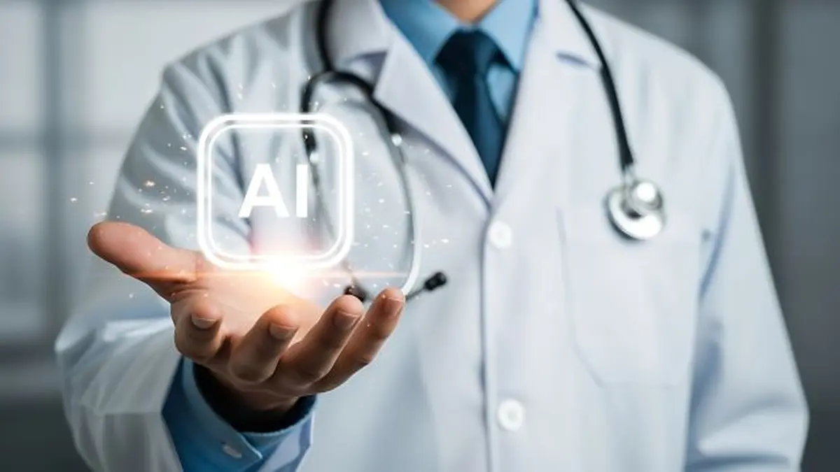 Ein Arzt hält ein leuchtendes Symbol für künstliche Intelligenz (AI) in der Hand, symbolisch für den Einsatz von AI in der Medizin.