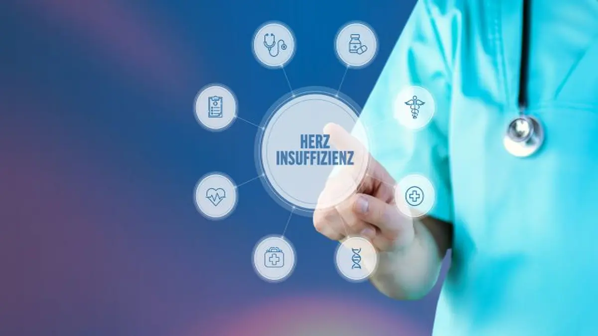 Medizinische Illustration: Herzinsuffizienz mit Symbolen für Diagnose und Behandlung