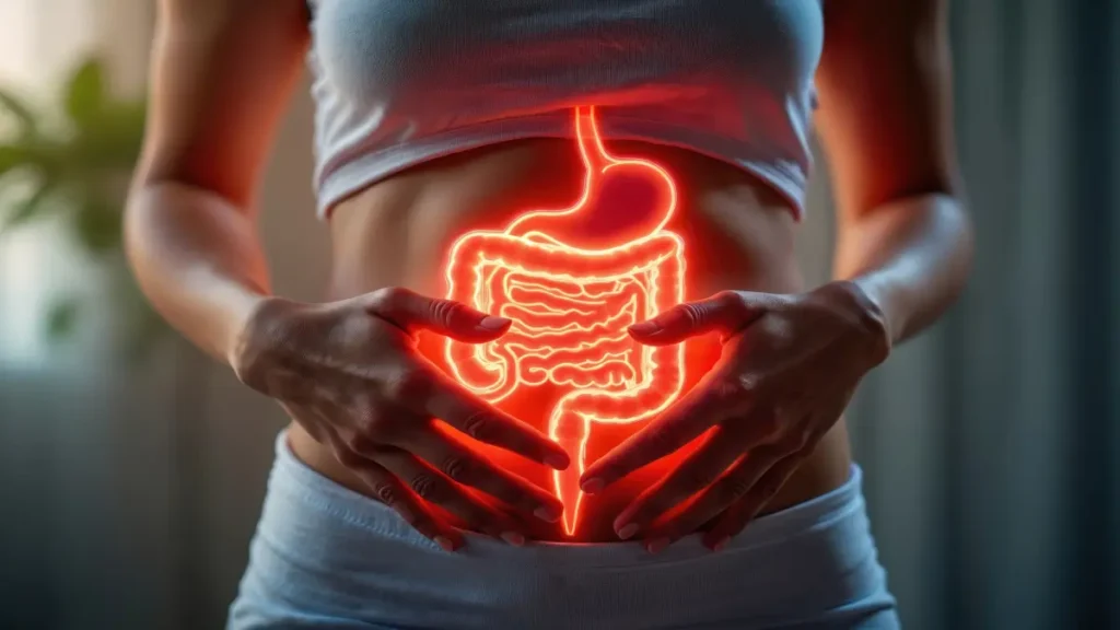 Frau hält ihre Hände auf den Bauch und hebt dabei das Verdauungssystem hervor. Rote, leuchtende Illustration des menschlichen Darms und Magens