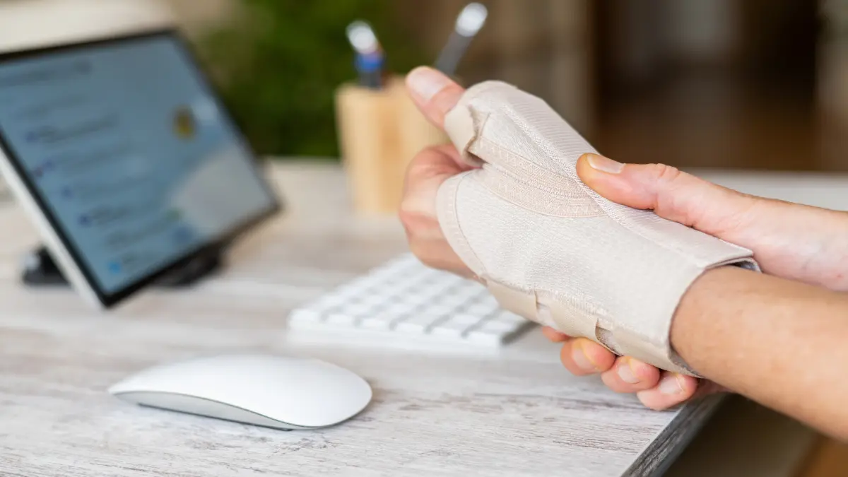 Mitarbeiterin trägt eine Handgelenkbandage zur Linderung von Daumen- und Handgelenkschmerzen