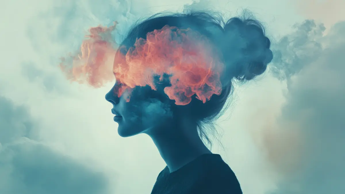 Frauensilhouette mit Kopf in den Wolken, Illustration. Als Stille Panikattacke Symptome