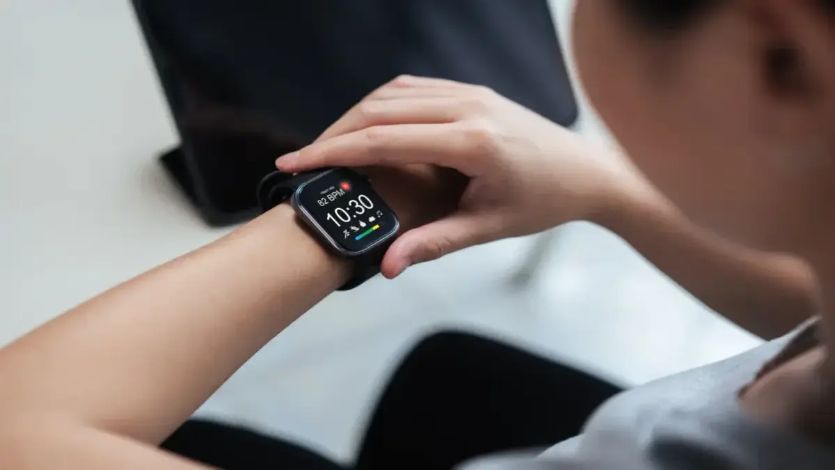 Symbolbild, Nahaufnahme einer Person, die eine Smartwatch mit Herzfrequenz- und Zeitanzeige überprüft