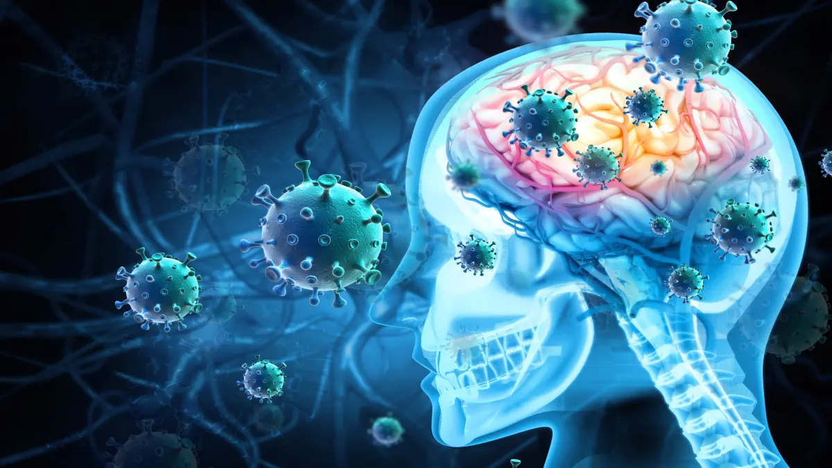 Illustration eines Gehirns mit neuronaler Aktivität, symbolisiert Anfälle bei Autoimmunenzephalitis und die Rolle von Immuntherapie und ASM.