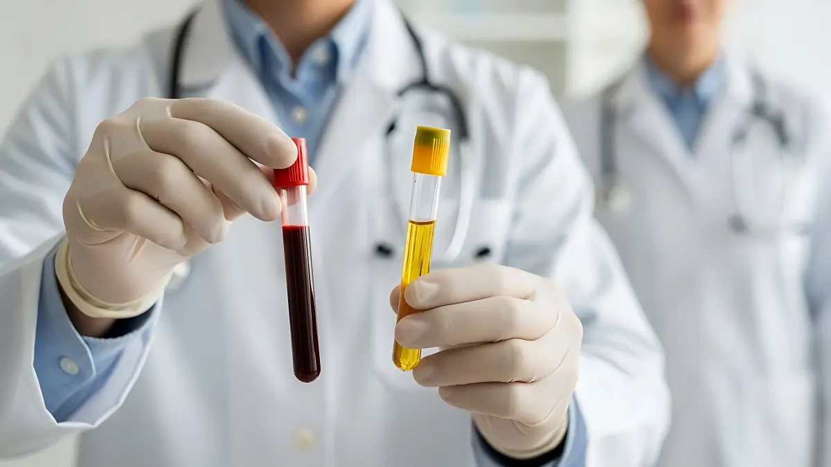 Arzt hält zwei Probenröhrchen mit Blut und Urin in den Händen – Symbolbild für Blut im Urin und medizinische Diagnostik.