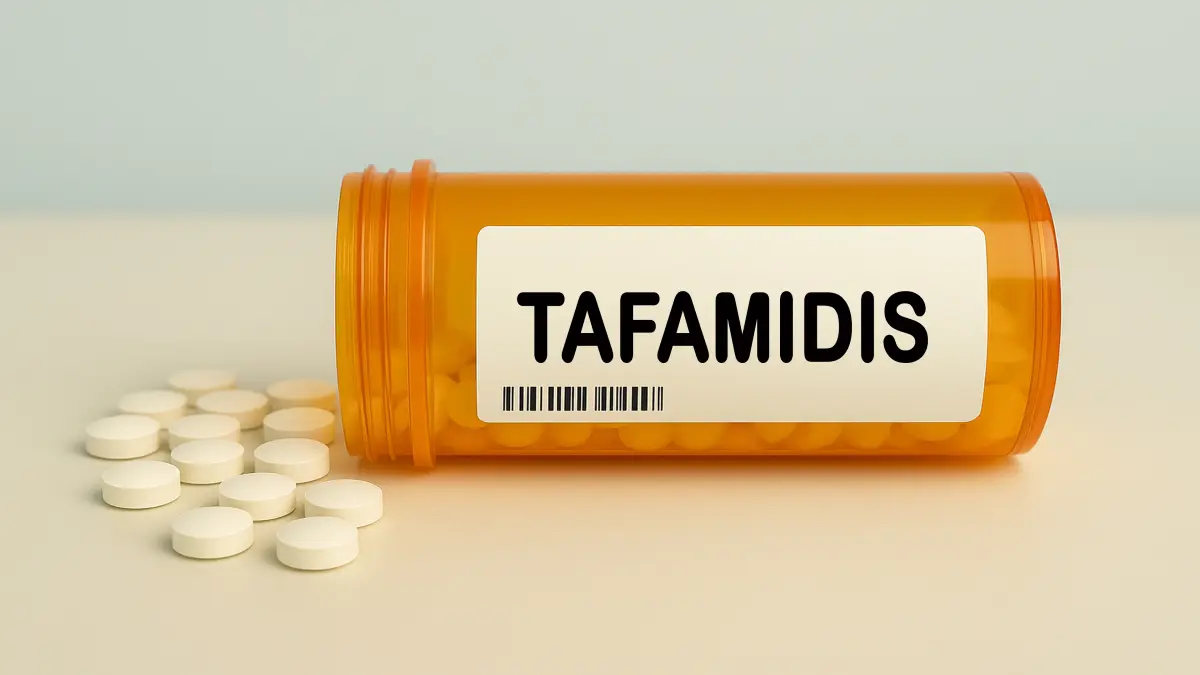 Orangene Medikamentenflasche mit Tafamidis-Aufschrift und weißen Tabletten auf hellem Hintergrund.