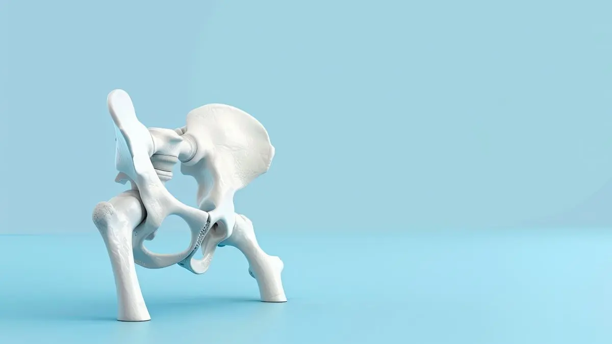 Medizinische 3D-Illustration eines menschlichen Beckenknochens vor einem blauen Hintergrund.