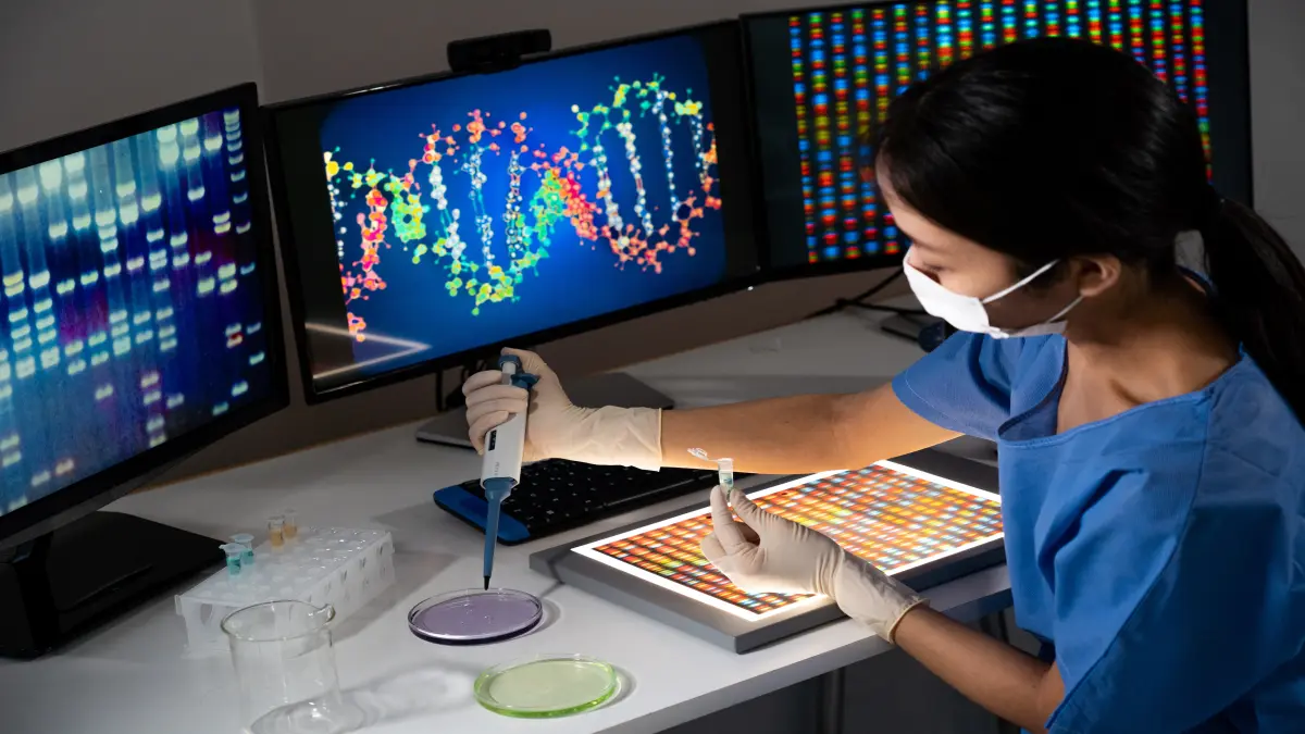Wissenschaftlerin bei der Genanalyse im Labor mit DNA-Sequenzen auf Monitoren