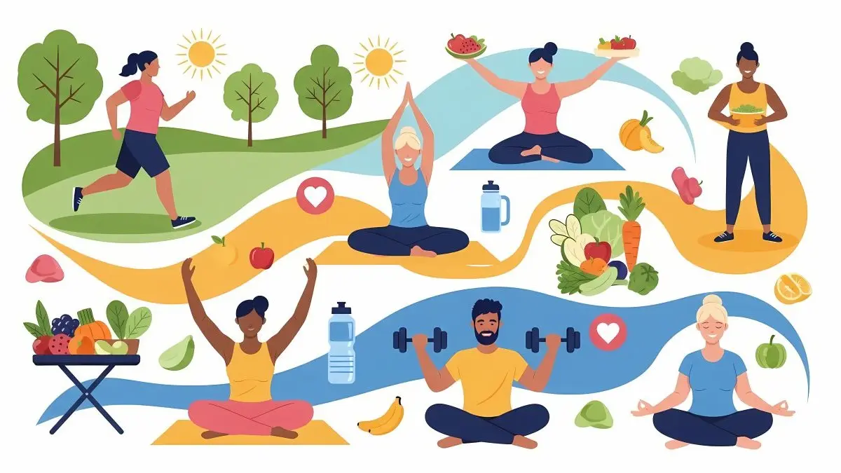 Illustration von Gesundheitsförderung mit Fokus auf Ernährung, Sport und Yoga in einer natürlichen Umgebung.