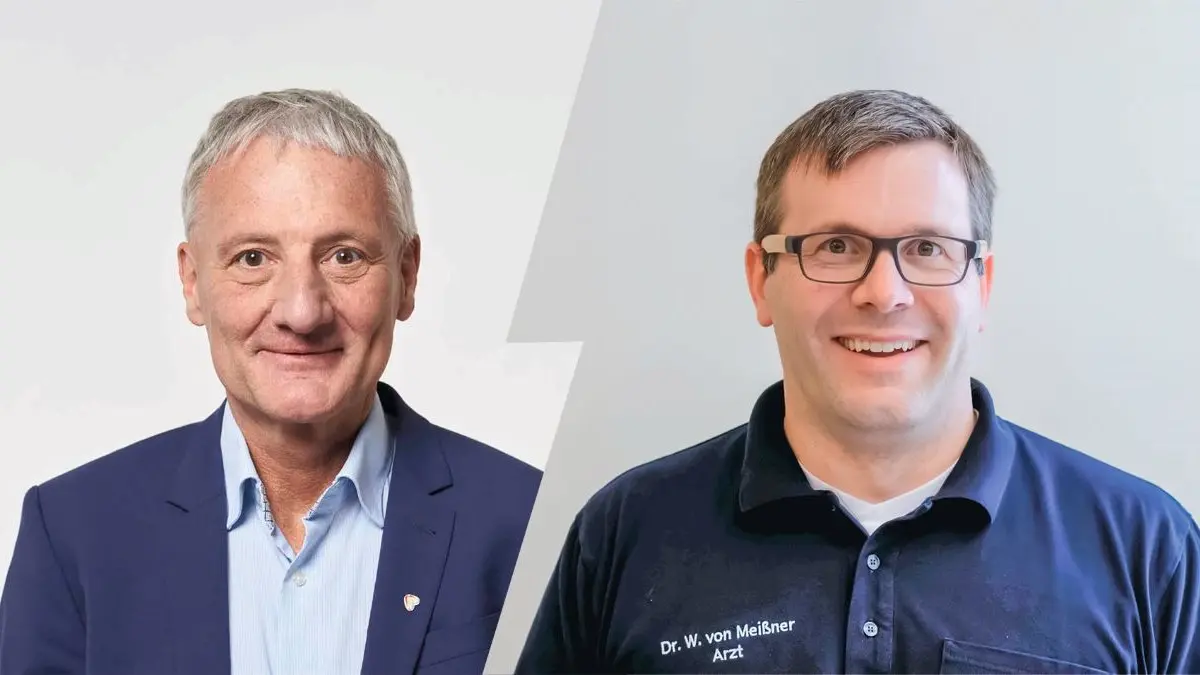 Dr. W. Meißner und Ronny Schönebaum stehen im Mittelpunkt eines Konflikts. Links ein Mann im Anzug, rechts ein Mann in einem Arztkittel. © Ronny Schönebaum (li.); Privat (re.)