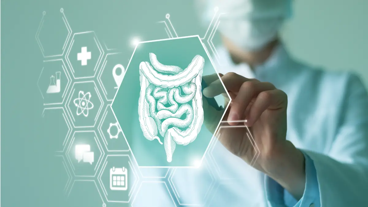 Medizinische Darstellung des menschlichen Darms mit digitalen Elementen und Arzt im Hintergrund