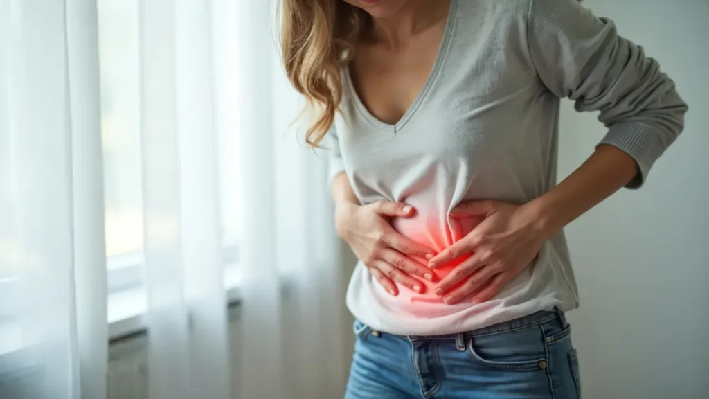 Frau hält sich mit schmerzverzerrtem Gesicht den Bauch, Symbol für Bauchschmerzen oder Magenbeschwerden.