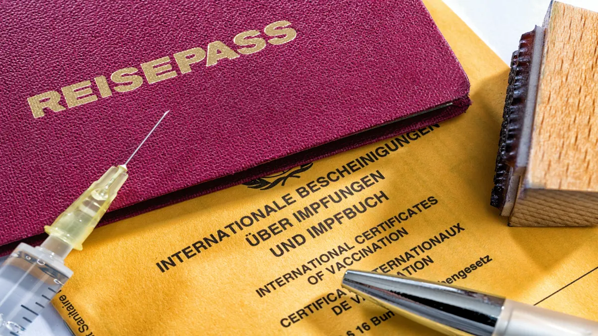 Reisepass, Impfpass, Spritze und Stempel – Dokumente und Utensilien für Reisen und Impfungen.