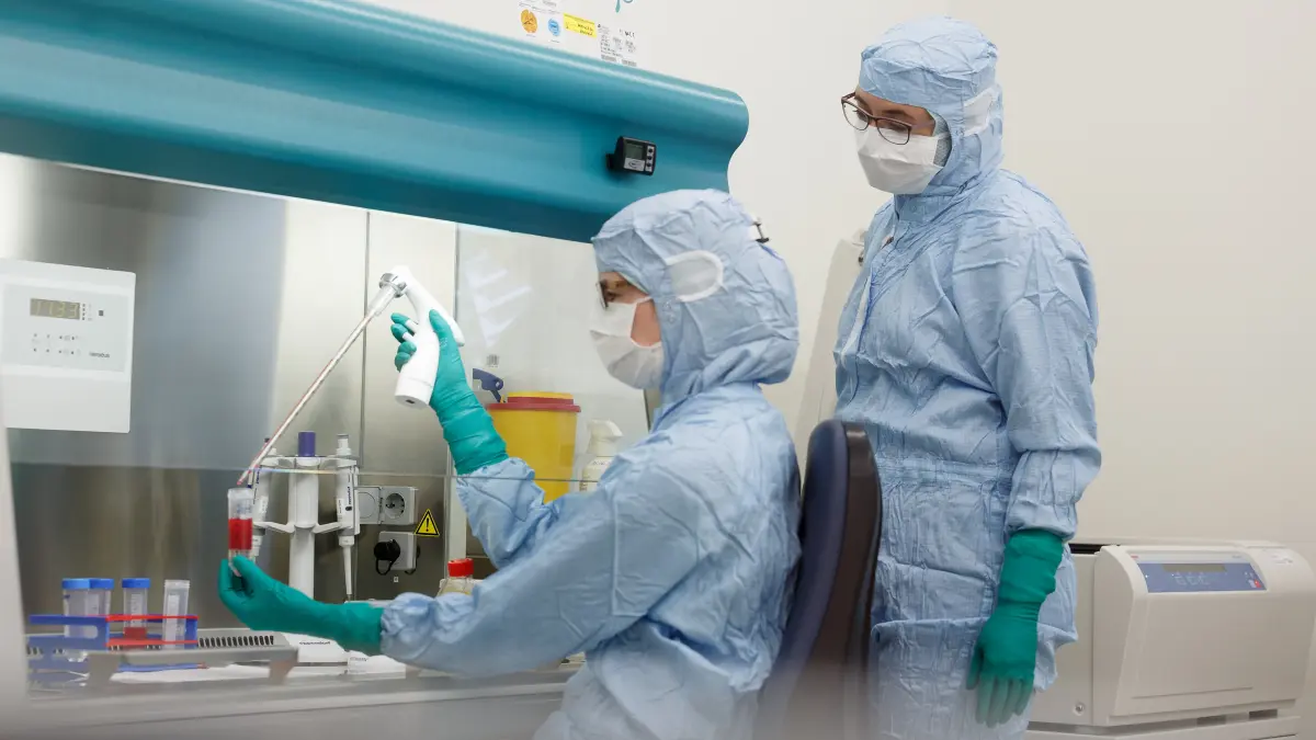 Wissenschaftlerinnen in einem GMP-Labor des Universitätsklinikums Heidelberg bei der Herstellung der CAR-T-Zelltherapie Heidi-cel gegen chronische lymphatische Leukämie (CLL).
