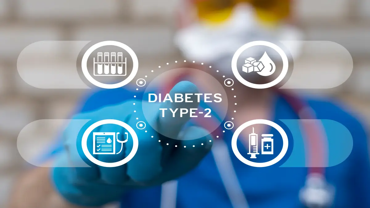 Symbolgrafik zu Typ-2-Diabetes mit medizinischen Icons und einer Person im Hintergrund