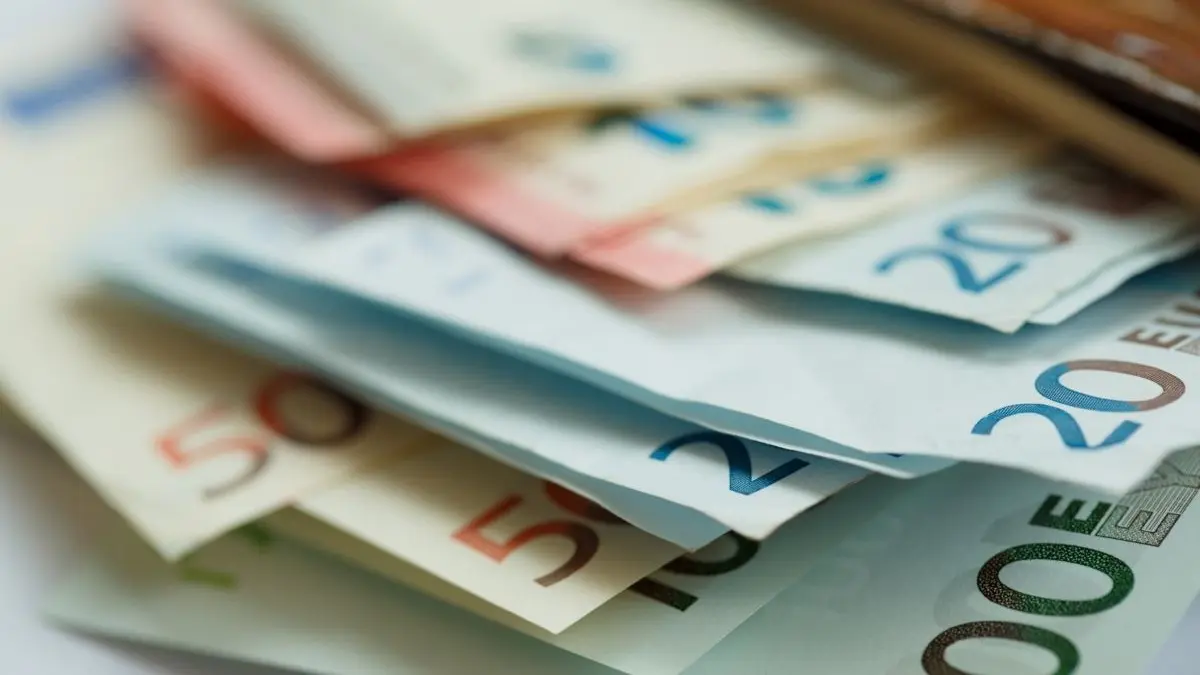 Nahaufnahme von Euro-Banknoten in verschiedenen Stückelungen, Symbol für Finanzen und Wirtschaft
