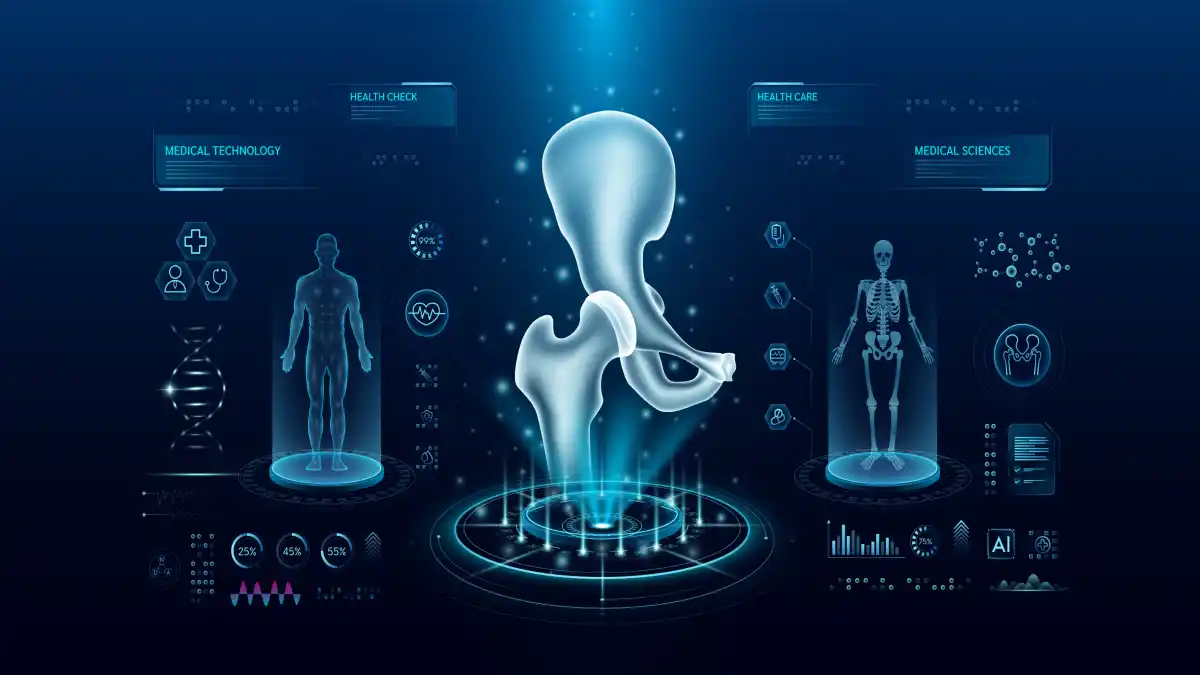 Futuristische Hüftgelenksdiagnostik mit moderner Scan-Technologie und virtueller Schnittstellen-Hologramm-Darstellung