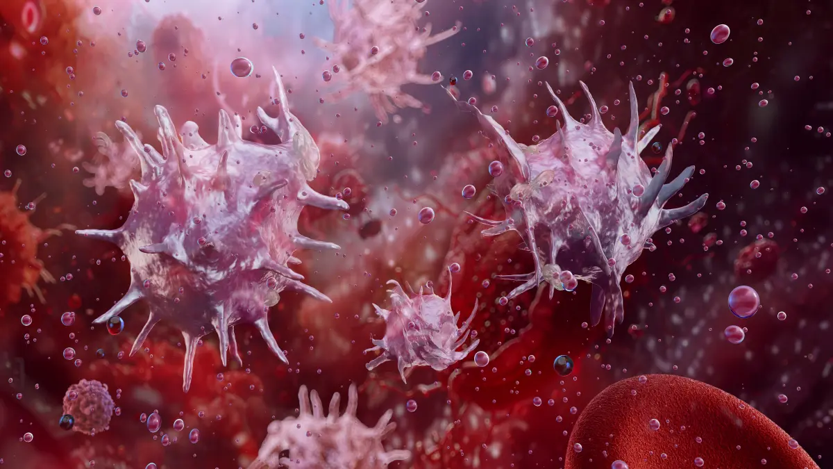 Immunzellen und Blutplasmazellen im menschlichen Blutkreislauf, dargestellt als 3D-Illustration für medizinische Forschung