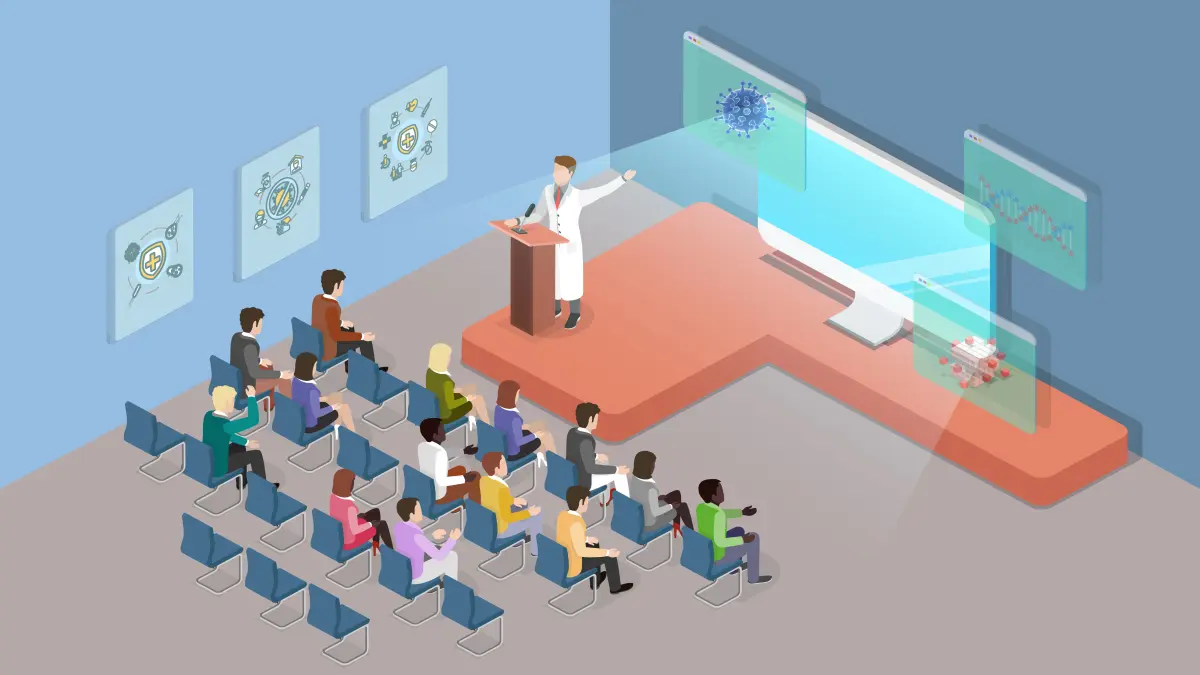 Illustration einer medizinischen Konferenz, bei der ein Vortragender Studienergebnisse zu Ropeginterferon alfa-2b präsentiert.