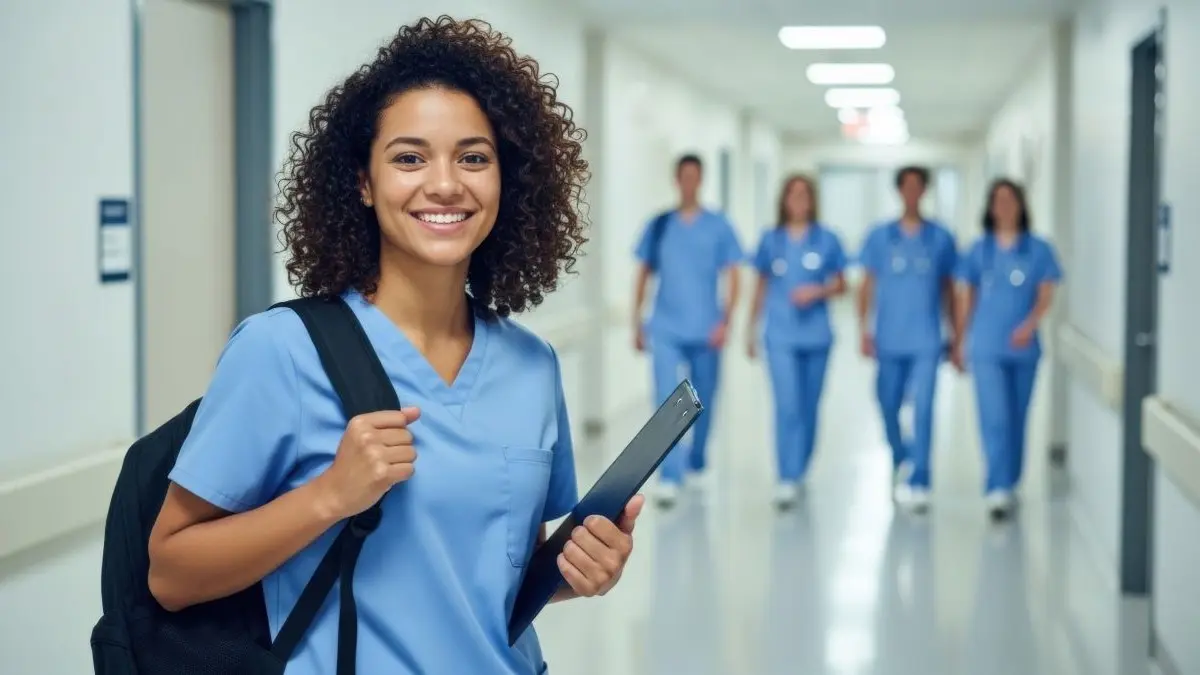Medizinisches Personal in blauer Arbeitskleidung im Flur eines Krankenhauses.