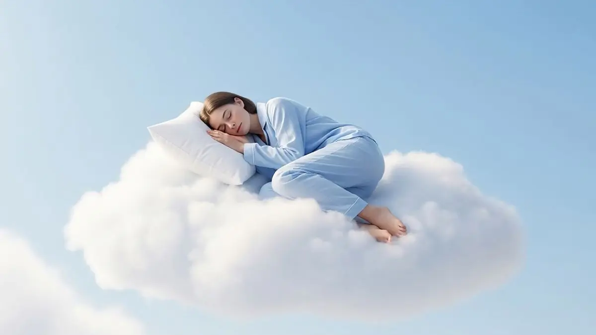 Person schläft friedlich auf einer Wolke, symbolisiert gesunden Schlaf und die Wirkung von Melatonin.