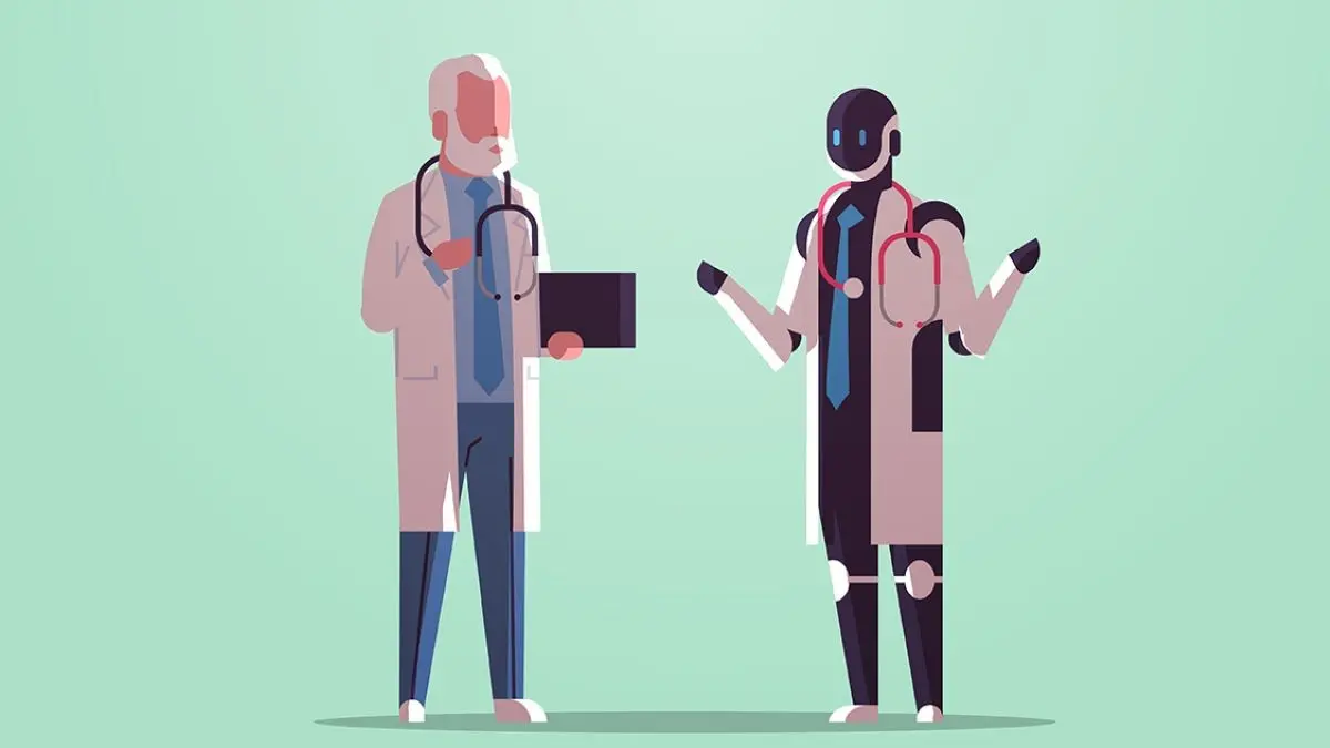 Illustration eines menschlichen Arztes und eines KI-Roboters mit Stethoskop, symbolisiert die Zusammenarbeit und Unterschiede in der modernen Medizin.