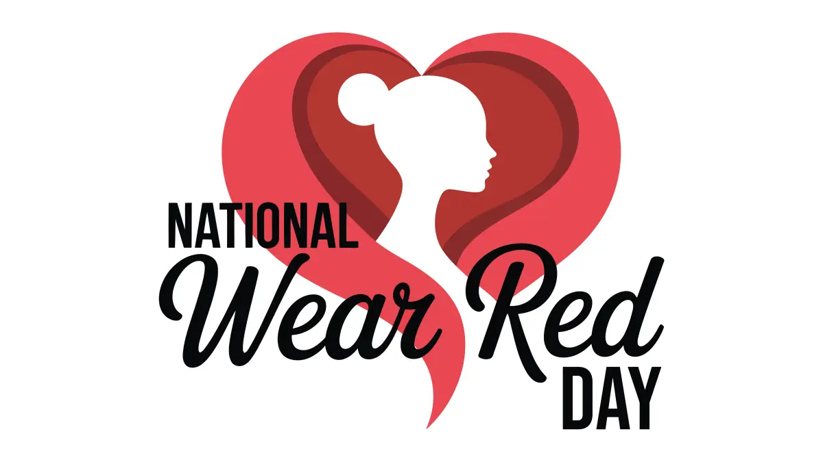 Illustration zum National Wear Red Day mit rotem Herz und Frauen-Silhouette zur Förderung der Herzgesundheit