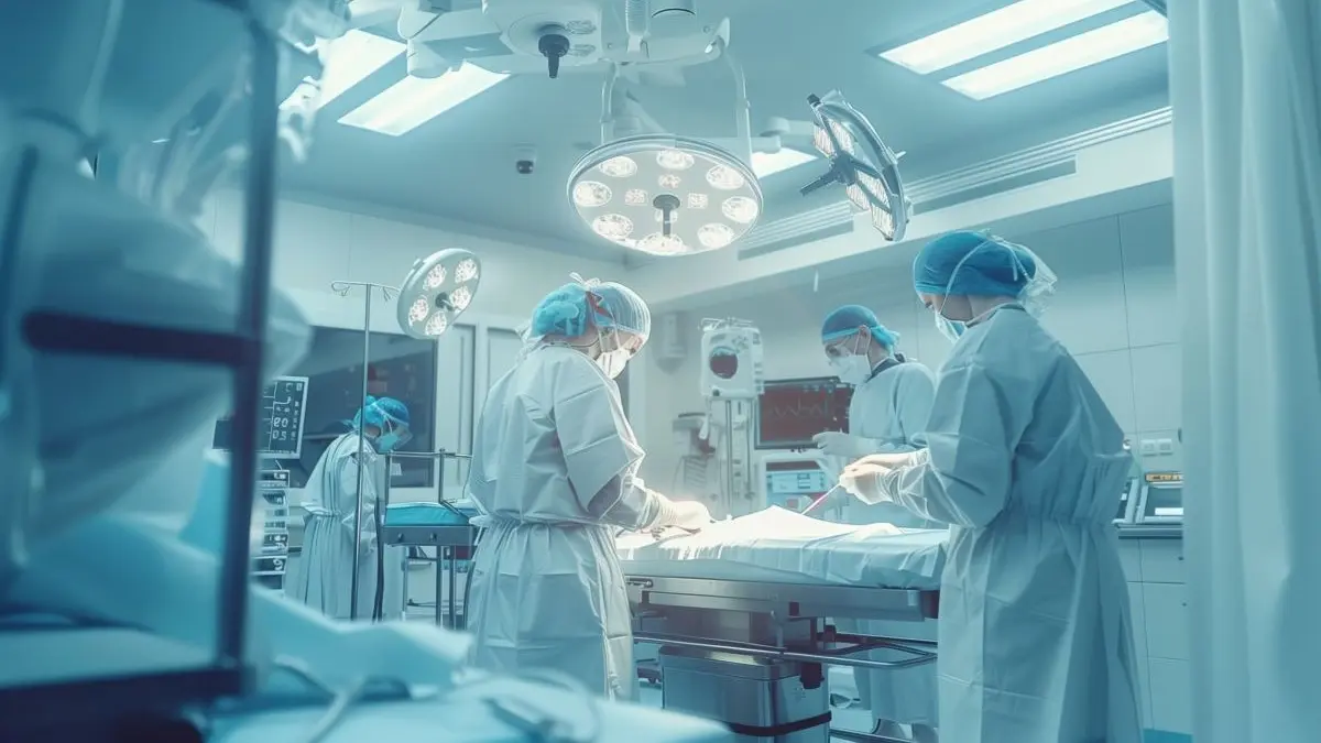 Moderner Operationssaal mit Chirurgen bei einer Operation, umgeben von medizinischer Technik und Beleuchtung.