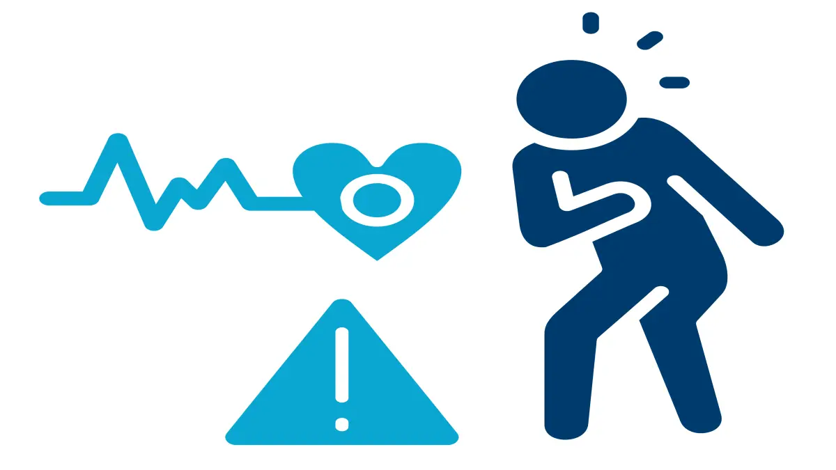 Infografik zu Warnzeichen eines Plötzlichen Herztods (SCD) mit Herzsymbol und Person mit Brustschmerzen.