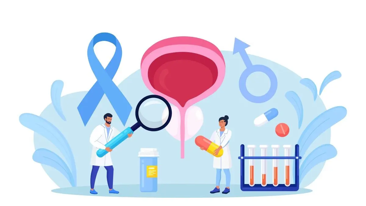 Illustration zur Prostata-Krebs-Vorsorge mit Ärzten, medizinischen Symbolen und einer Blase.