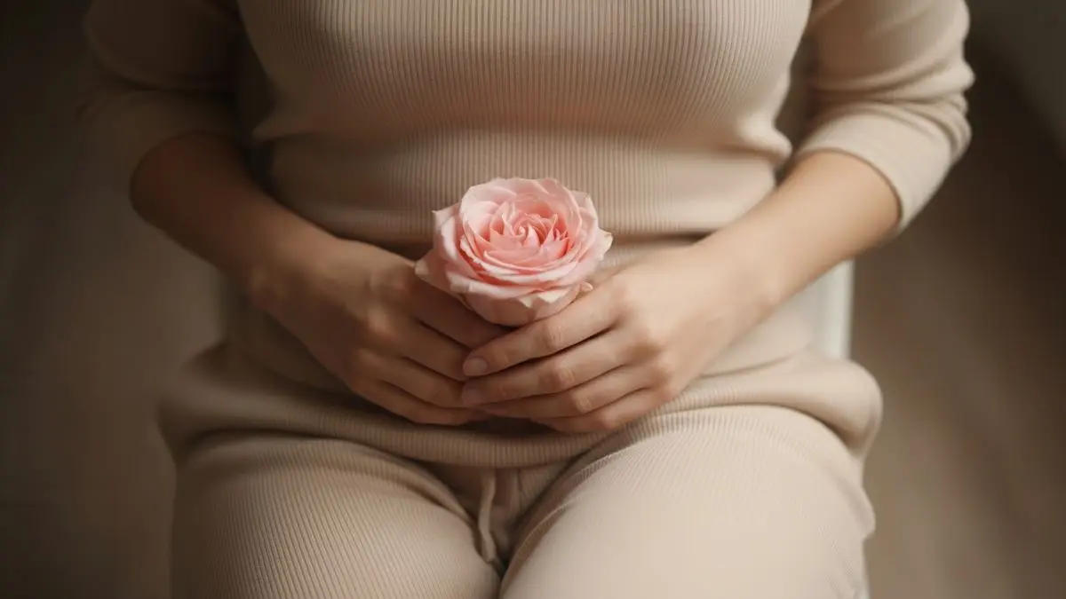 Frau hält eine rosa Blume, symbolisch für Frauen-Gesundheit und Wohlbefinden.