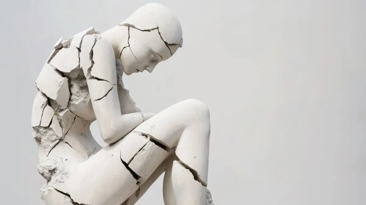Symbolische Darstellung einer zerbrechlichen Figur, die Osteoporose visualisiert.