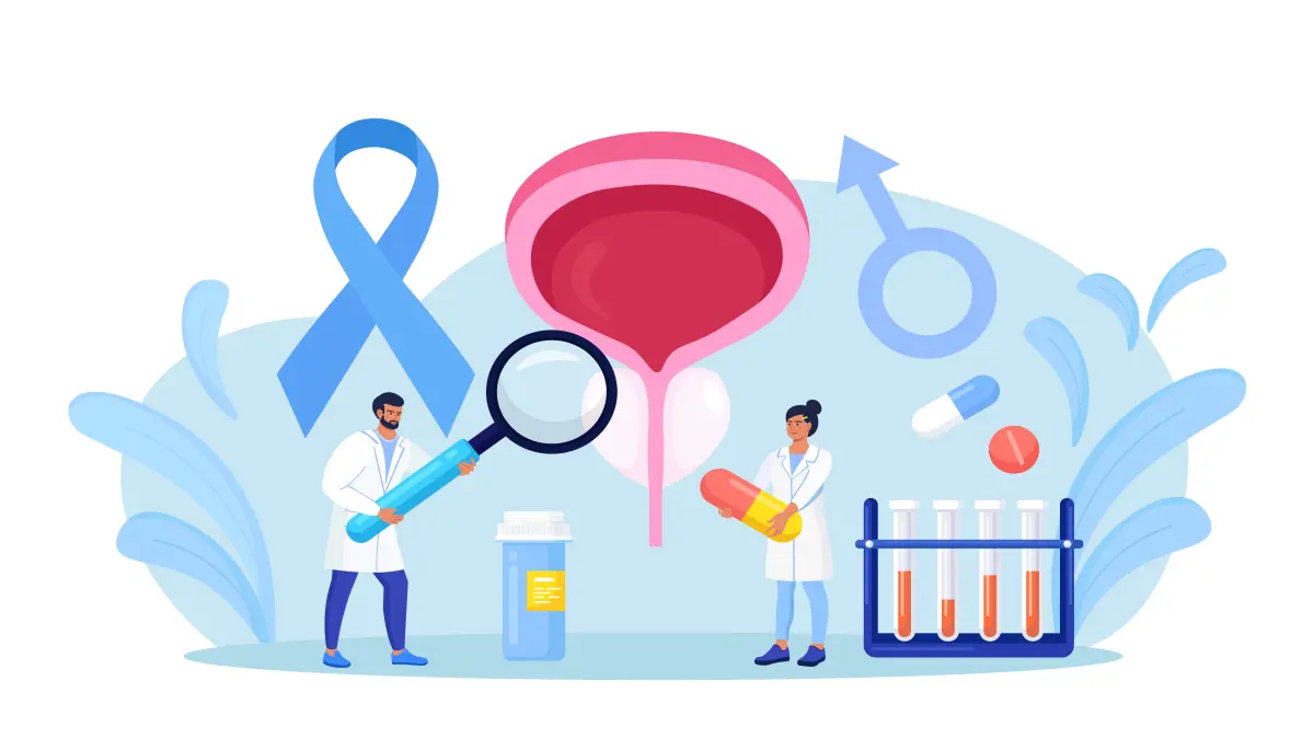 Illustration zur Uro-Onkologie mit Fokus auf Prostatakrebs, einschließlich Diagnostik, Therapieoptionen und Forschung.