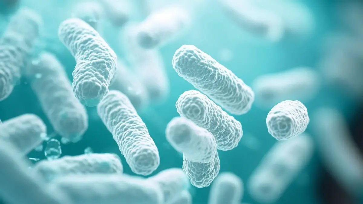 Laktobazillen symbolisieren Diversität im vagino-uterinen Mikrobiom auf blauem Hintergrund.