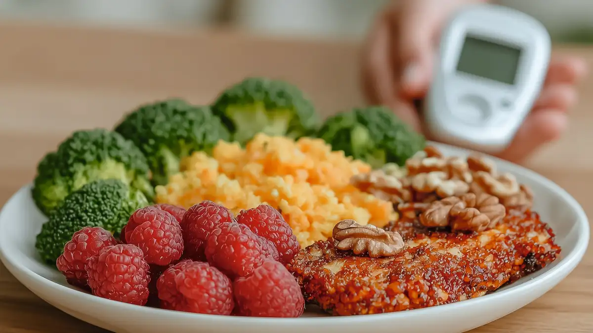 Ein Teller mit Reis, Himbeeren, Brokkoli, Fleisch und einem Blutzuckermessgerät im Hintergrund.