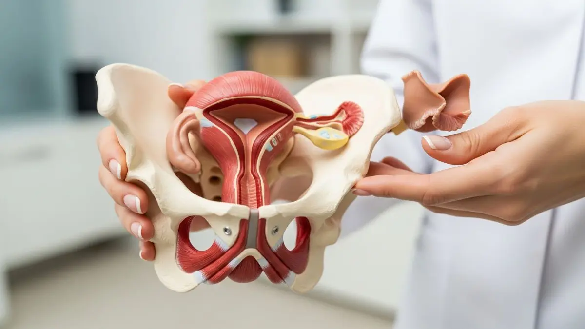 Aertzin haelt anatomisches Beckenmodell zur Veranschaulichung von Dammverletzungen und Levatoravulsionen