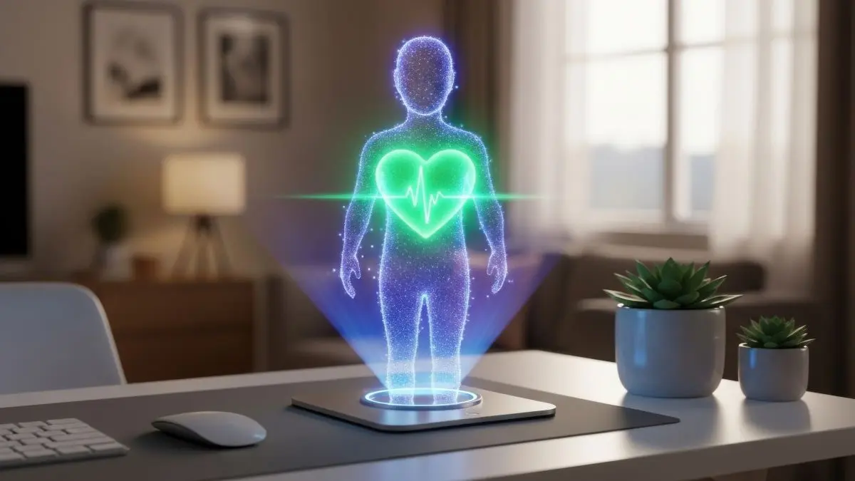 Holografische Darstellung einer menschlichen Figur mit Herzsymbol aus Smartphone als Symbol fuer digitalen Begleiter in der Patientenversorgung
