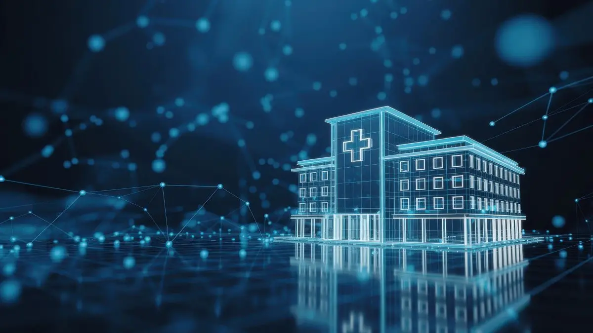 Digitale Illustration eines modernen Krankenhauses mit Netzwerkstruktur – Smart Hospital und vernetzte Medizin