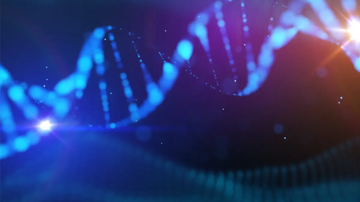 Digitale 3D-Illustration einer leuchtend blauen DNA-Doppelhelix vor dunklem Hintergrund