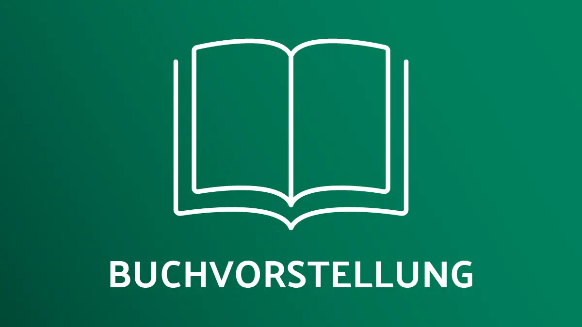 Weißes Buch-Symbol mit dem Schriftzug „Buchvorstellung“ auf grünem Hintergrund.