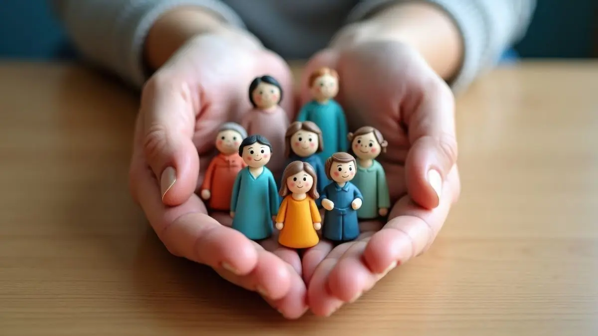 Haende halten schuetzend bunte Figuren verschiedener Menschen als Symbol fuer den oeffentlichen Gesundheitsdienst und den Pakt fuer den OEGD