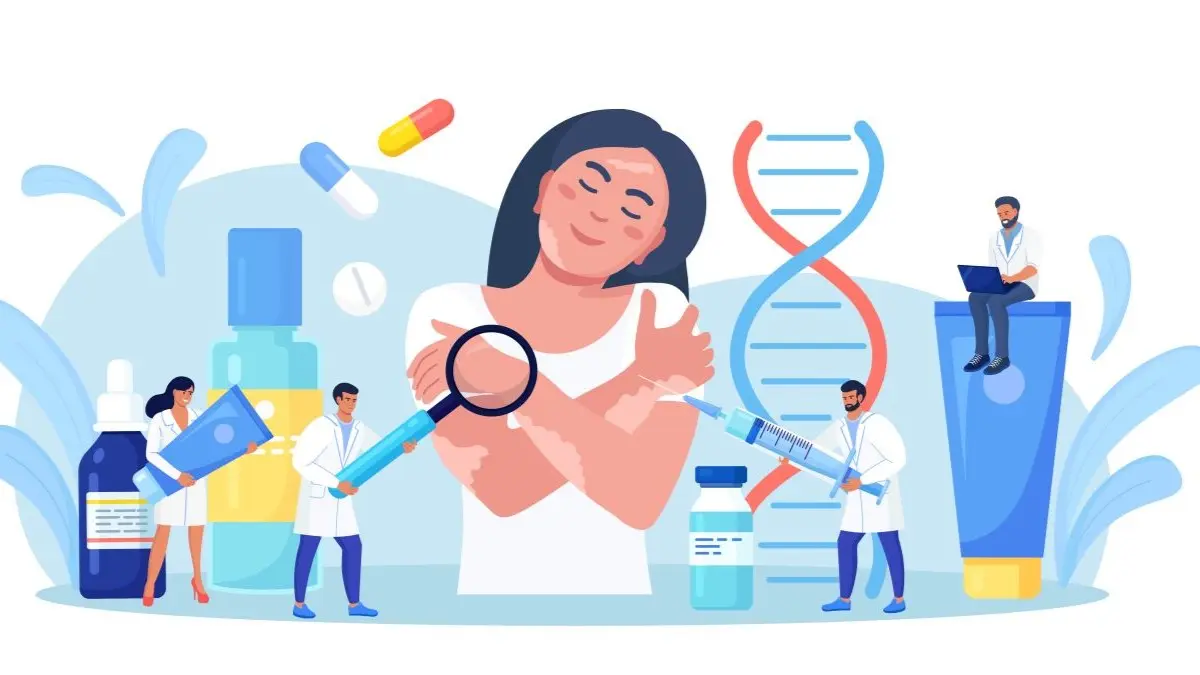 Medizinische Illustration: Ärzte behandeln Hauterkrankung mit Medikamenten, Spritzen und DNA-Analyse – Dermatologie