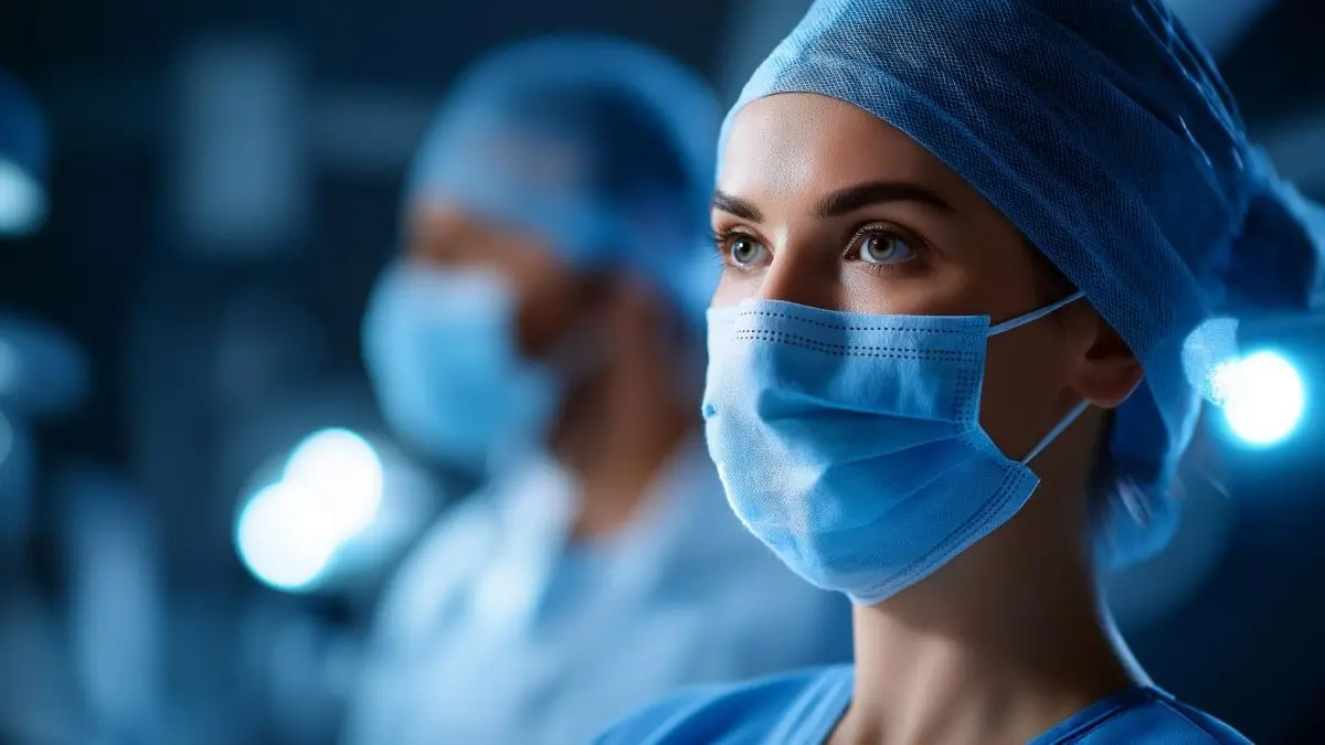 Operationsteam im OP mit medizinischer Schutzkleidung und Masken